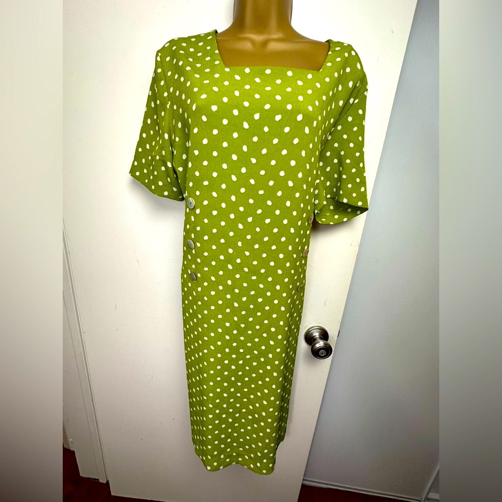 Jennifer‎ James Vintage 90’s/Y2K Green White Polka Dots Abalone Buttons Dress